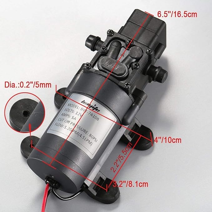 bayite 12V DC Water Transfer Pump with 2 Hose Clamps 12 Volt Diaphragm Pump Self Priming Sprayer Pump with Pressure Switch 4.5 L/Min 1.2 GPM 80 PSI for Weed ATV Marine Boat