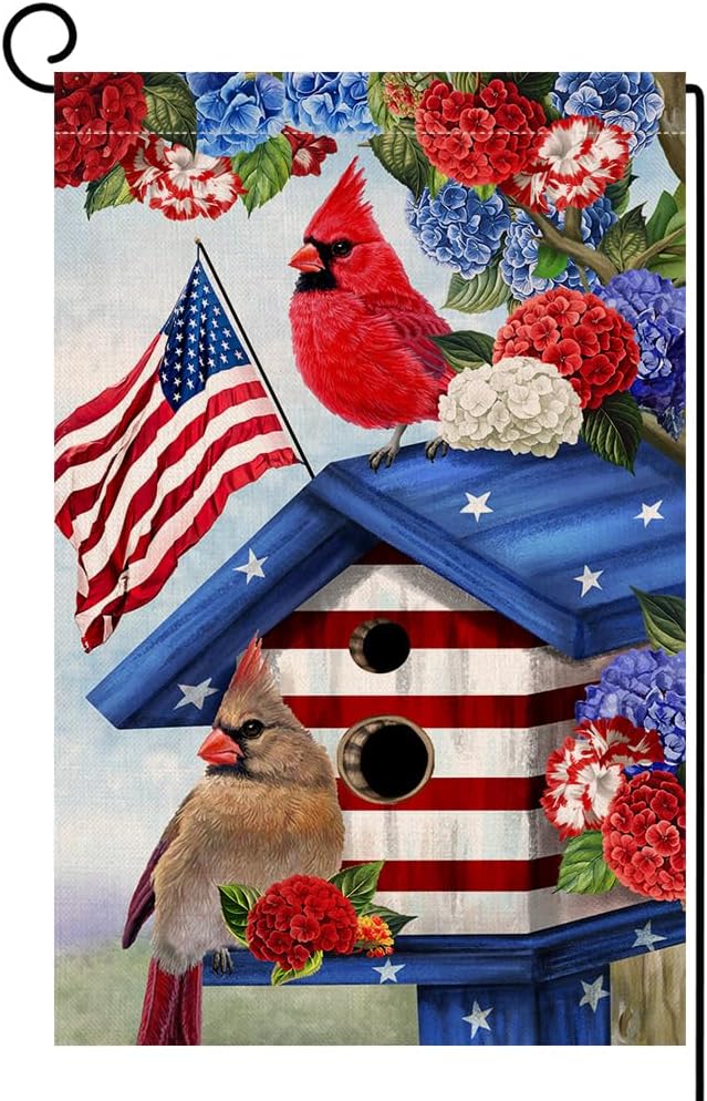 BLKWHT 4th of July Cardinal Bird Garden Flag 12x18 Vertical Double Sided Red Blue Floral Memorial Day Independence Day Holiday Outside Decorations Burlap Yard Flag BW824