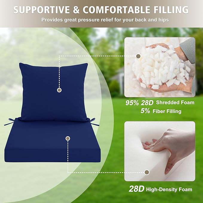 Outdoor Cushions for Patio Furniture, Waterproof Outdoor Chair Cushion w/Fade-Resistant, Removable & Machine-Washable Cover, 22x22 Inch, Deep Seat Sofa/Couch Pad Replacement – Set of 1/2/4, Navy Blue