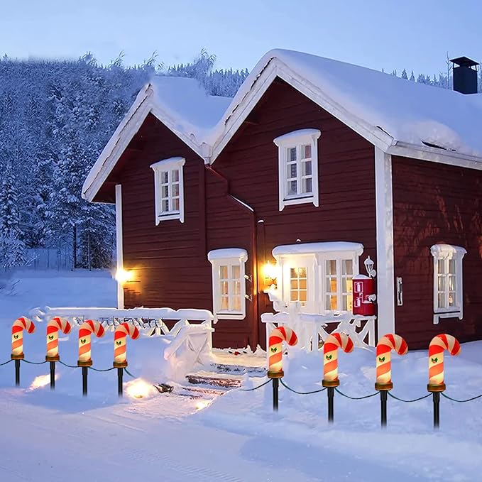 Christmas Candy Cane Pathway Lights Outdoor, 2 Sets 7Ft Christmas Outdoor Decoration String Lights with 8 Candy Cane Markers Stake Lights, Plug in Walkway Lights for Driveway Lawn Garden Yard Decor