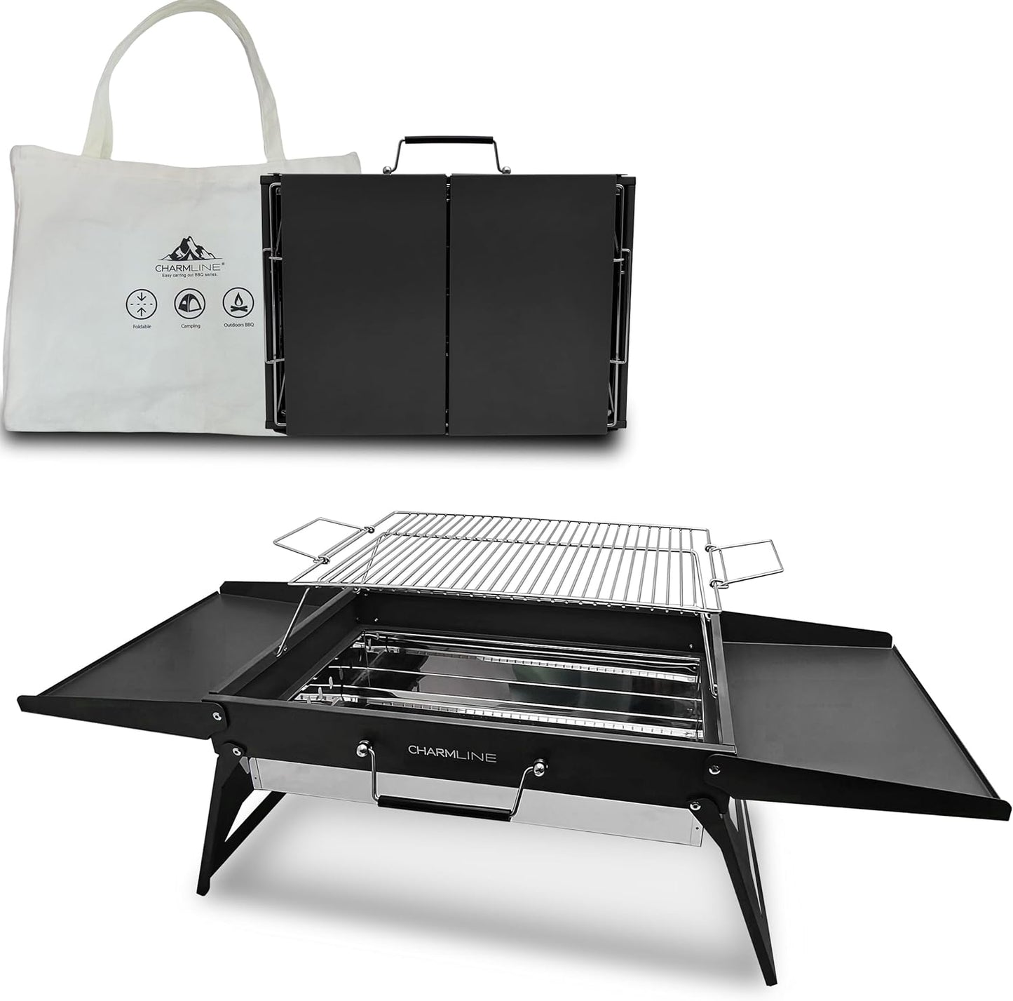 Charmline 20x14inch Big Desktop Charcoal Grill, Liftable Grilling Net, Saving Space Grill for Indoor and Outdoor, BBQ Grill for Camping, Gardens, Picnics, Beach Parties, Black