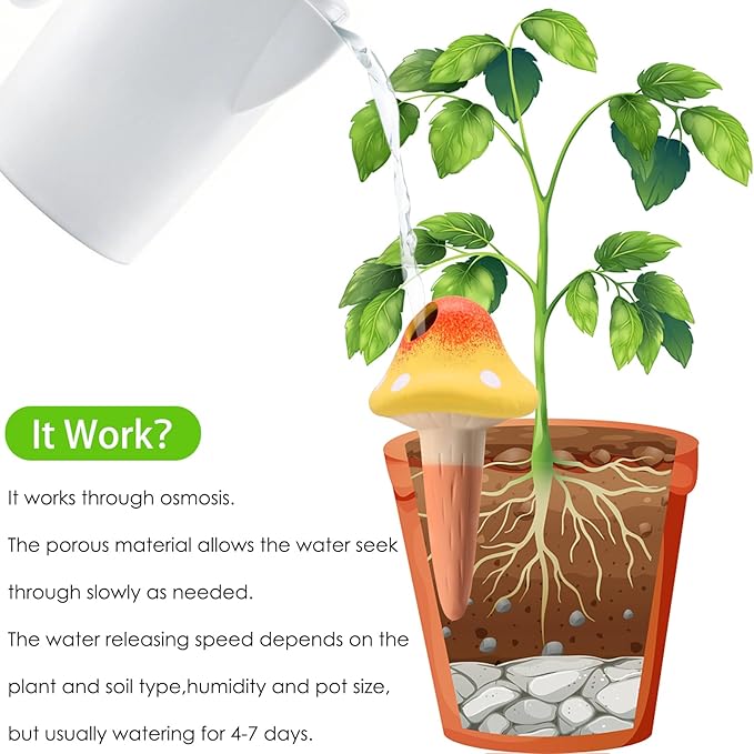 4 Pack Terracotta Watering Spikes, Vacation Self-Watering Planters Devices, Continuous Moisture with Slow Release Watering System Mushroom Shape