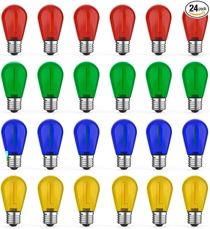 24 Pack S14 Colored LED String Light Bulbs, 1W Plastic Shatterproof Replacement Bulbs for Outdoor Patio Backyard Lights, E26 Medium Base, Warm White 2200K, Dimmable, Red/Green/Blue/Orange
