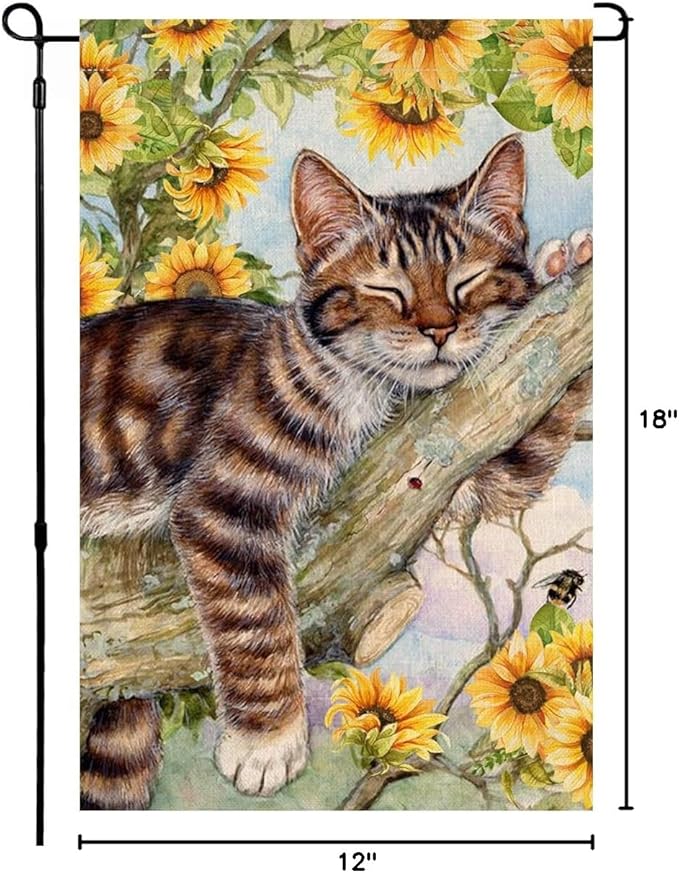 BLKWHT Summer Cat Garden Flag 12x18 Inches Double Sided for Outside, Sunflower Burlap Small Seasonal Yard Flag for Outdoor Decor BW640