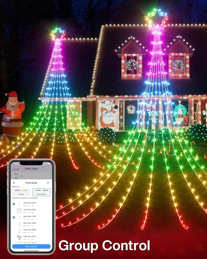 16.5FT Smart Outdoor Christmas Decoration Star String Lights, DIY Color Changing LED Yard Lights App Control Music Sync, Timer, Group Control Waterproof Waterfall Tree Lights for Outside