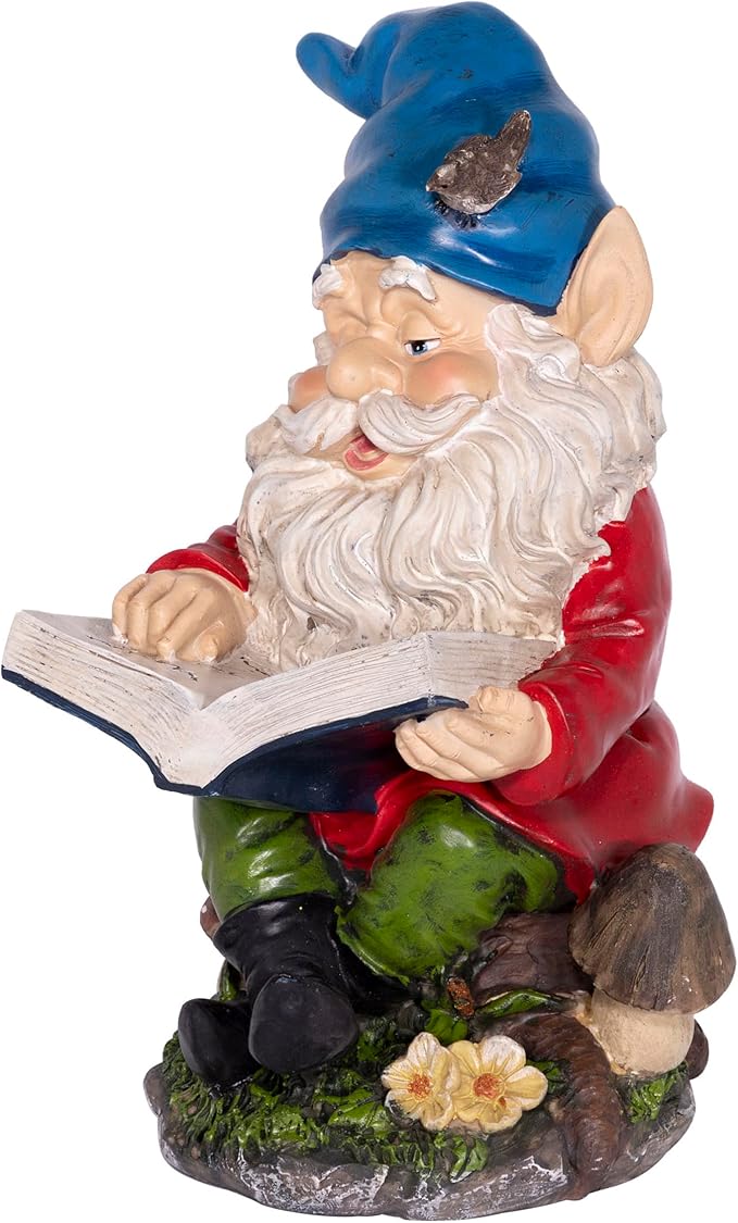 Alpine Corporation 14" Tall Outdoor Garden Gnome Reading a Book Yard Statue Decoration