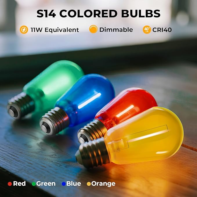 24 Pack S14 Colored LED String Light Bulbs, 1W Plastic Shatterproof Replacement Bulbs for Outdoor Patio Backyard Lights, E26 Medium Base, Warm White 2200K, Dimmable, Red/Green/Blue/Orange