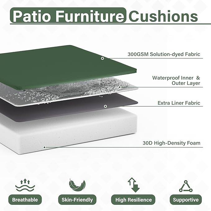 Patio Chair Cushions 17 X 16 X 3 Inch Waterproof Outdoor Seat Cushions for Patio Furniture, Outdoor Sofa Couch Pads with Ties & Handle, Set of 2, Green