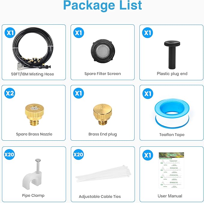 Bonviee Misters for Outside Patio - 59FT Misting Cooling System with 20 Brass Nozzles and 3/4" Adapter, 18M DIY Outdoor Misters Kit for Garden, Greenhouse, and Patio Cooling