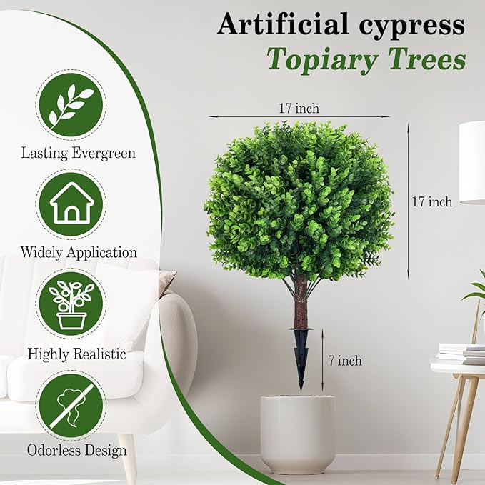 Artificial Topiary Tree with Eucalyptus, Set of 2 UV Resistant 17in Miniature Trees, Outdoor for Porch, Fake Bonsai Topiaries, Greenery Balls, Faux Shrubs for Planters, Curb Appeal Decor