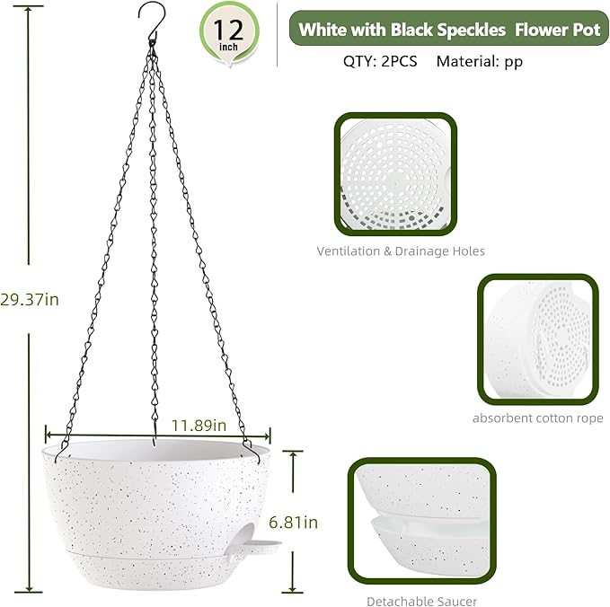 12 Inch Hanging Baskets 2 PC with Chains, Self-Watering Hanging Planters for Indoor Outdoor Plants, Plastic Hanging Flower Pots,Speckled White