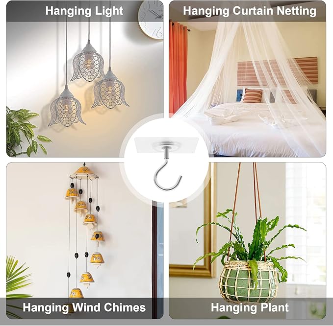 Adhesive Ceiling Hooks，10 Pack No Drill Ceiling Hanging Hook for Hanging Plants Lanterns,Wind Chimes Stainless Steel Outdoor Adhesive Hooks