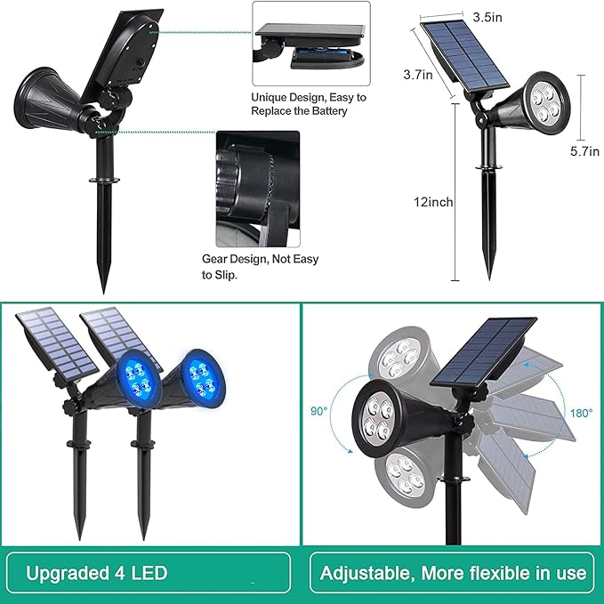 T-SUNUS Solar Landscape Spotlights IP65 Waterproof Blue Lights Outside Auto On/Off Yard Lighting 2 Modes for Halloween Christmas Outdoor Tree Driveway Garden Flag Pond Pool Statue Backyard 4-Pack