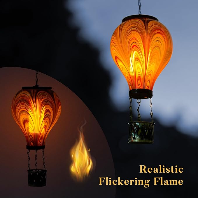 2PCS Solar Hot Air Balloon Lantern with Flame Flickering Light Tie-Dye Glass Hot Air Balloon Solar Lanterns Outdoor Waterproof Hanging Garden Light for Patio Porch Yard Decor,Gift for Women