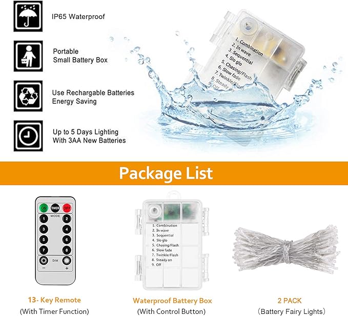 2 Pack Battery Operated String Lights with Remote Timer Waterproof 8 Modes 16.4ft 50 LED String Lights for Bedroom,Garden,Party,Xmas Tree Indoor Outdoor Decorations, Warm White