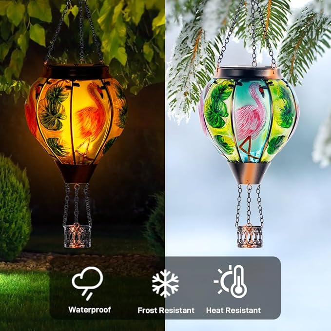 Starsoul Flamingo Hot Air Balloon Solar Lantern Solar Hot Air Balloon Flickering Flame Hanging Garden Light Metal & Glass Waterproof Lanterns for Yard Patio Farmhouse Decoration