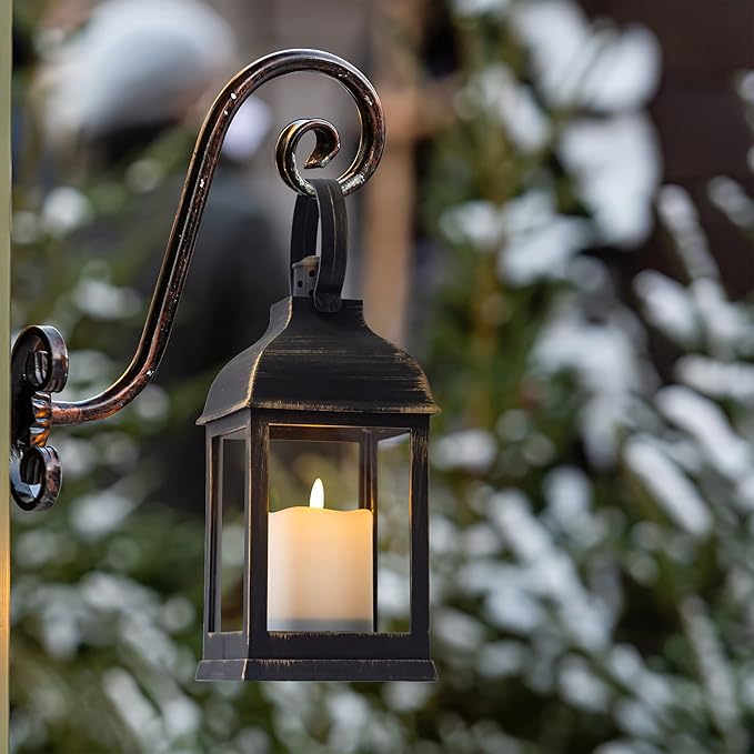 Vintage Lantern Decorative LED Flickering Flameless Candle with Timer, Battery Powered LED Decorative Hanging Golden Brushed Black Lanterns for Indoor Outdoor Garden Yard Home Decor(2 Pack)