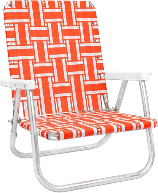 Lawn Chair USA Folding Aluminum Outdoor Patio Lawn Chair | Heavy-Duty Webbed Chairs for Camping, Sports, Beach Yard & Tailgating | Lightweight Portable | High Back Beach Chair- Orange & White Stripe