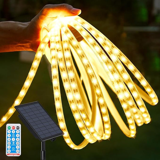 32.8FT 600LED Solar LED Strip Lights Outdoor, Solar Outdoor String Lights, Upgarde Solar Rope Lights with Timer Remote Auto ON/Off for Step, Stair, Deck, Fence, Patio,Yard Decor(Warm White, 32.8 FT)