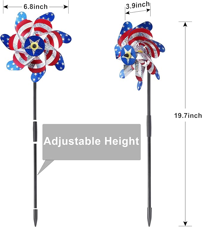 BATTIFE 10 Packs Patriotic Sparkly Reflective Pinwheels for Yard and Garden, American Flags Blinding Birds Pin Wheel Scare Birds & Animal Away, Wind Spinner for 4th of July