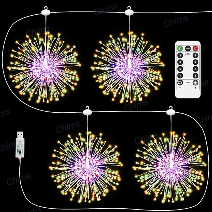 4 Pack Star Firework LED Light Tree Lights Hanging Fairy Light with Remote Colorful RGB Lighting Star Sphere Lights Decoration Lights for Bedroom Patio Tree Outdoor Party Christmas Decor Bar