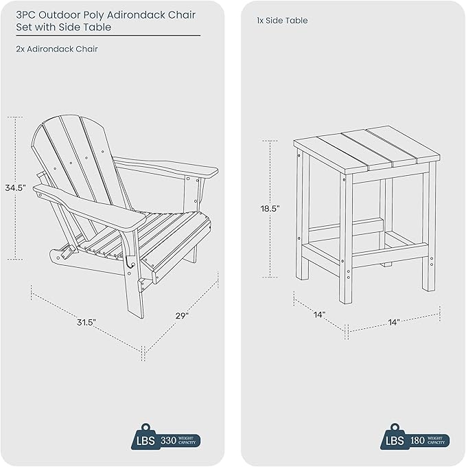 WO Home Furniture Adirondack Chairs Table Set of 3 PCS Outdoor Folding Chairs Side End Table Weather/UV Resistant for Lawn, Garden, Bon Fire, Balcony (Weathered Wood)