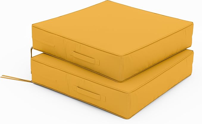 Patio Chair Cushions 24 X 24 X 5 Inch Waterproof Outdoor Seat Cushions for Patio Furniture, Outdoor Sofa Couch Pads with Ties & Handle, Set of 2, Yellow