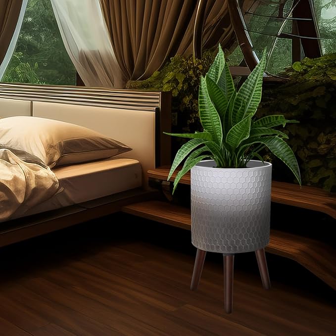 10 Inches Plant Pot with Stand, Large Modern Standing Planters with Drainage Holes for Indoor Plants, White&Gray Flower Pots with Legs