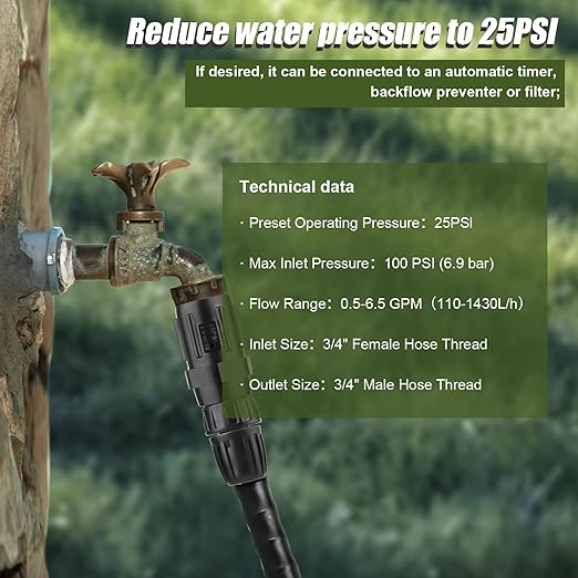 2 Sets Drip Irrigation Pressure Regulator 25PSI & Faucet Adapter Kit, 3/4" Hose Thread Water Pressure Regulator 1/2" Drip Irrigation Tubing Adapter for Drip Irrigation System