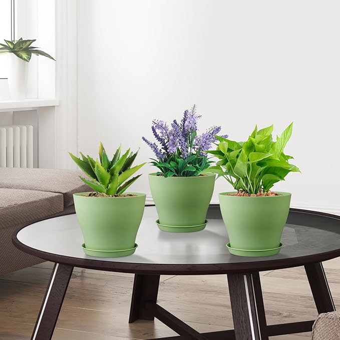 6 inch Plastic Nursery Pots, Seedling Pots, 16 Pack Plant Pots for Small Indoor Outdoor Plants, Flower Pots with Drainage Holes and Saucers, Decorative Planters for House Plants, Green