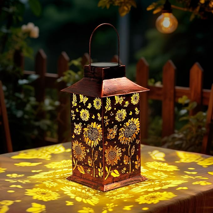Homemory Sunflower Solar Lanterns Waterproof, Metal Hanging Hollowed-Out Metal Decor Lantern, LED Outdoor Decoration for Outside LED Lanternse for Yard, Backyard, Porch, Lawn