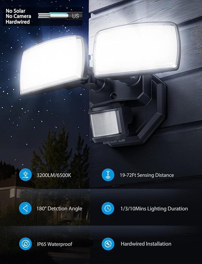 Onforu 32W 2 Head Motion Sensor Outdoor Lights, 3200LM 6500K LED Security Light, Dusk to Dawn, Motion Detector Light for Outside, IP65 Waterproof Flood Lights for Garage, Yard(Black)