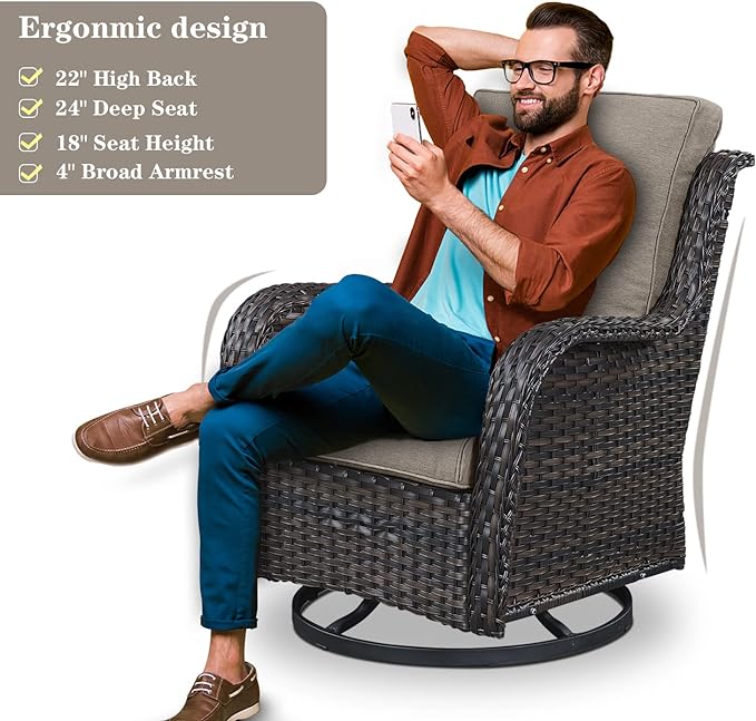 Outdoor Patio Furniture Set with Propane Fire Pit Table, 7 Pieces Wicker Patio Conversation Set with 2 Swivel Glider Rocker Chair Rattan Sofa Grey Cushion Perfect for Casual Gathering