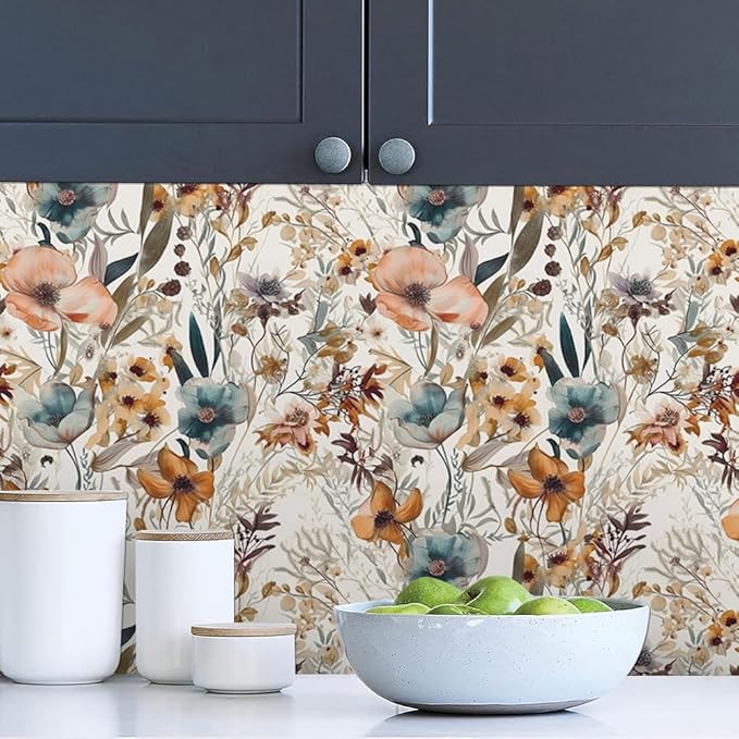 Boho Light Brown Flowers Teal Blue Floral Leaf Plants Vintage Watercolor Peel and Stick Wallpaper Self Adhesive Removable Easy Peel Off Stick on Wall Paper for Bedroom Cabinet Renter