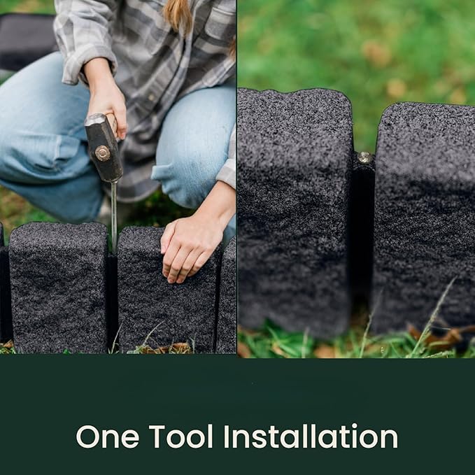 Beuta Landscape Edging | Garden Edging Border | Faux Stone Block XL for Lawn Edging, Flower Beds & Yard Edging – 4 Pack | Each Section Has 6 Blocks 48" L x 4" W x 9.5" H | 12 Spikes | Charcoal