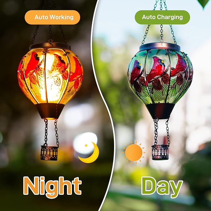 2 PCS Cardinal Solar Hot Air Balloon Lantern with Flame, Glass Balloon Lantern Outdoor Waterproof, Hanging Hot Air Balloon Solar Light, Cardinal Gifts for Mom Woman