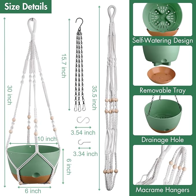 Set of 2-10 Inch Hanging Planters for Indoor Plants with Self-Watering Includes Hanging Pots for Plants, Outdoor Hanging Plant Pot with Drainage, and 2 Types of Hanging Baskets Hangers (Green, 10inch)