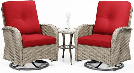Joyside Outdoor Swivel Rocker Chairs, 3 Piece Wicker Patio Set with Thick Cushion and Side Table, Rattan Patio Swivel Rocking Chairs for Porch, Deck Use (Natural/Red, 3 PCS)