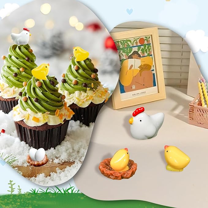 Hiawbon Miniature Retro Wooden Chicken Coop Mini Family Chicken,Hen,Chick,Egg,Chicken Nest Ornament Micro Landscape Fairy Garden Decor