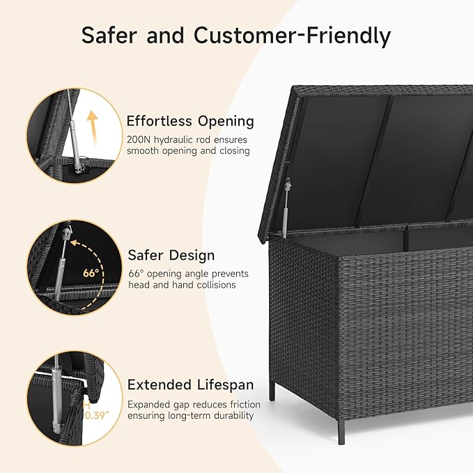 158 Gallon XL Deck Box with Lid, All Weather Wicker Outdoor Storage Box Waterproof, Large Outdoor Patio Storage Bin for Cushions, Garden Tools, Gears, Pool Accessories, Black