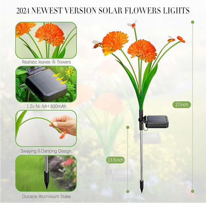 Solar Garden Lights, 6 Pack Swaying Bee Lights With Flowers, Waterproof Firefly Lights Outdoor for Garden Patio Yard Pathway Decoration, Gifts for Women Mother's Day