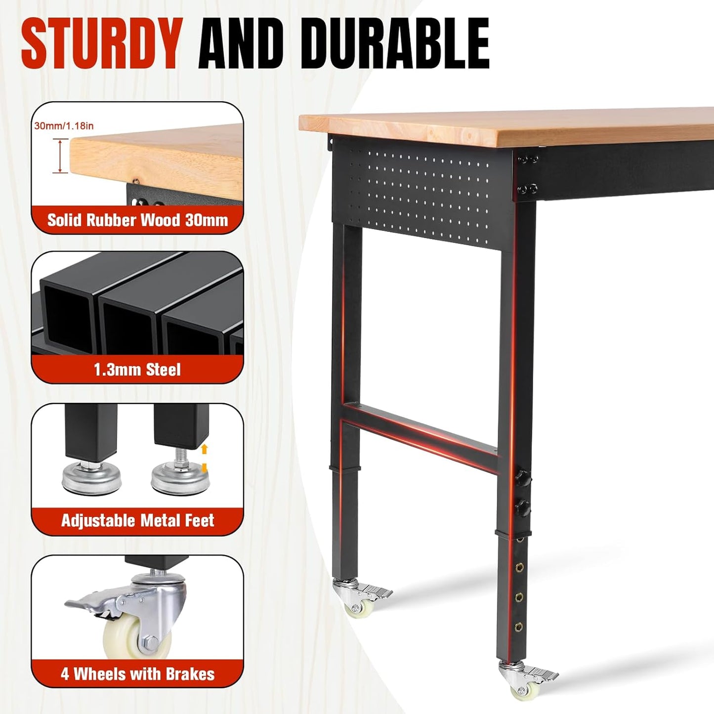 Adjustable Height Workbench, Heavy Duty Table Rubber Wood Workstation with Power Outlet & Pegboard for Garage, Office, Workshop, Home,Commercial (48"×24"|Wheels)