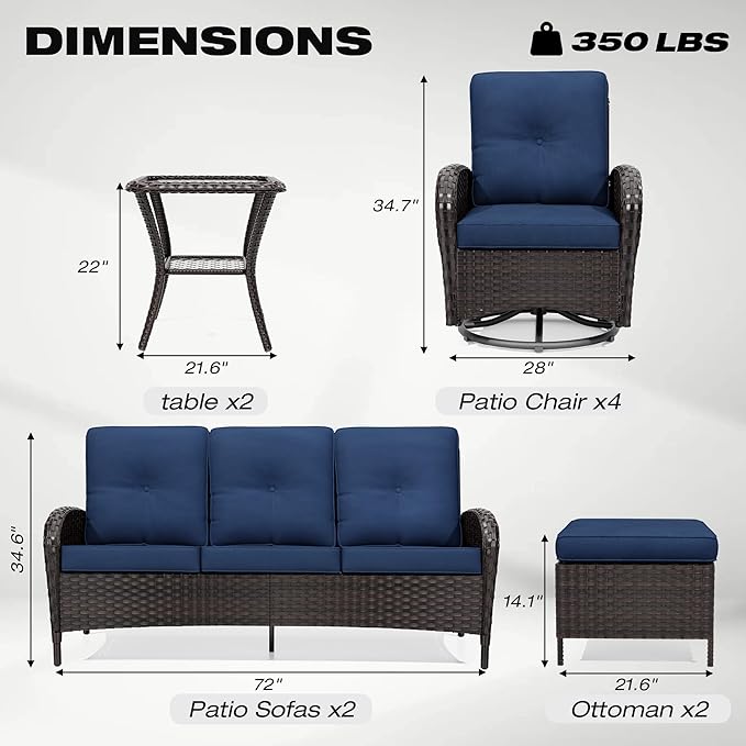 Joyside 10 Piece Patio Furniture Set, Outdoor Wicker Conversation Sets with Swivel Rocker Chairs and Sofa, Thick Cushion, Rattan Patio Sectional for Porch, Deck Use (Brown/Blue, 10 PCS)