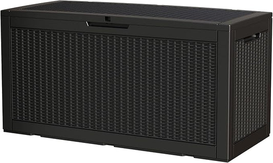 100 Gallon Storage Box, Waterproof Resin Deck Box with Hydraulic Piston Design, Lockable Storage Bench for Package Delivery, Storage Bin for Patio Cushions, Garden Tools, Black