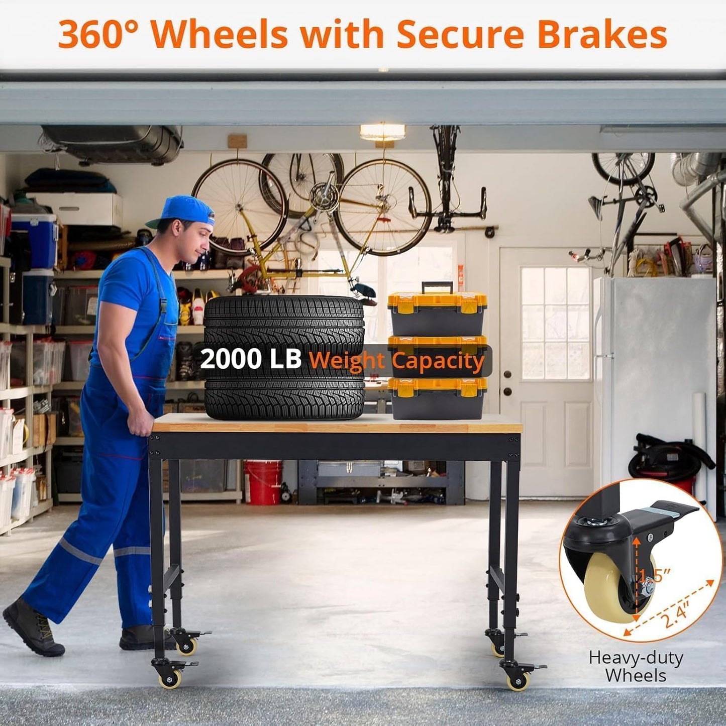 48x24 Inch Garage Workbench with Wheels, Adjustable Rubber Wood Top Garage Workbench with Power Outlet, 2000 Lbs Load Capacity for Workshop, Woodworking, Office