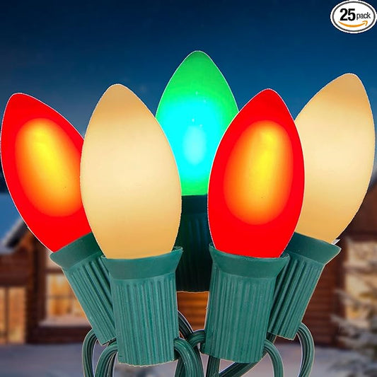 25Ft Red, White, and Green C9 Outdoor Christmas Lights with 26 Incandescent Bulbs (1 Spare), Extendable C9 Christmas String Lights for Tree, Roofline