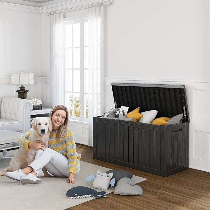 80 Gallon Resin Deck Box, Lockable Outdoor Storage Box for Patio Cushions Storage Furniture,Garden Tools, Pool Supplies, Weatherproof and UV Resistant- Black (80 Gallon)