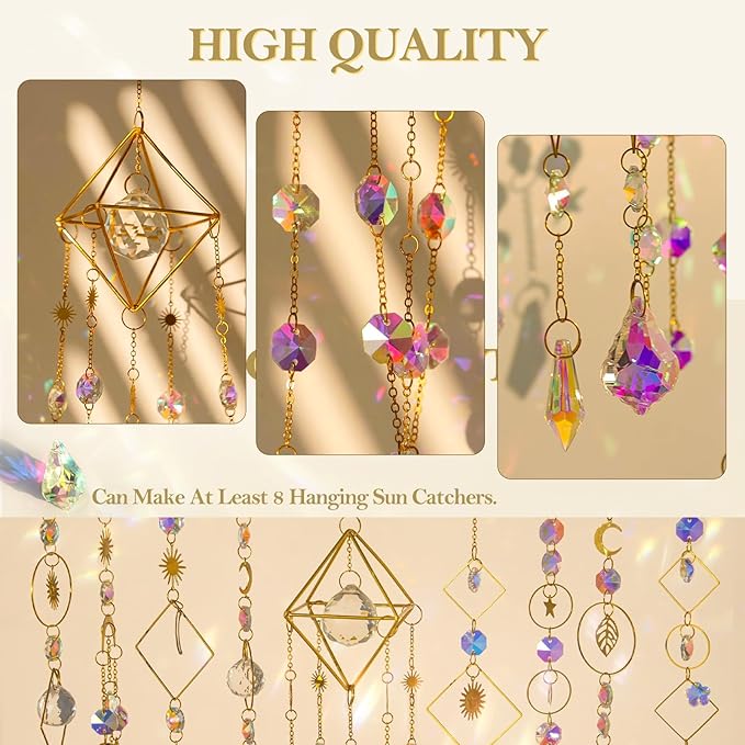 310 Pcs DIY Crystal Sun Catchers Indoor Window, Hanging Prism Suncatcher for Window, Gold DIY Suncatcher Kit, Glass Crystal + Alloy Accessories Sun Catcher Crafts for Adult, DIY for Mom…