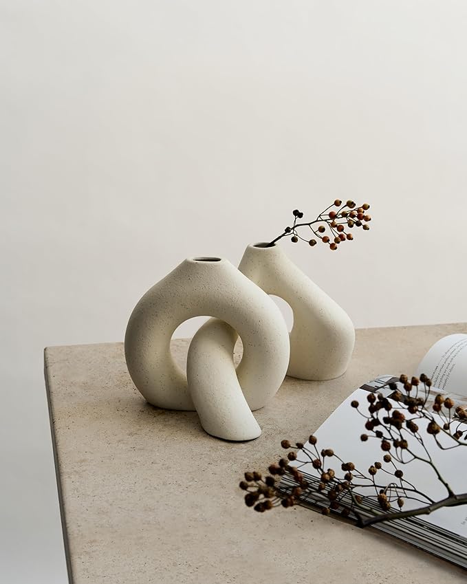 NOBULA White Ceramic Donut Vases – Modern Home Decor for Living Room, Bedroom & Table Centerpiece - Minimalist Nordic – Unique Vases for Olive Plant & Flowers – Decorative Coffee Table Vase Set of 2