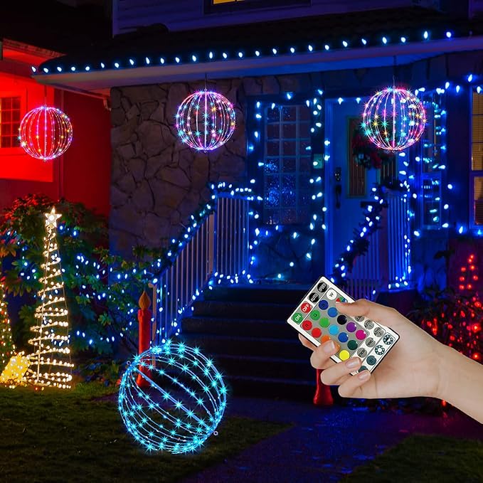Christmas Ball Sphere, 16IN 128LED Hanging Tree and Pathway Light With Hook and Stake, Foldable Metal Frame Ball for Outdoor Garden, UL Listed, Brown Frame, RGB